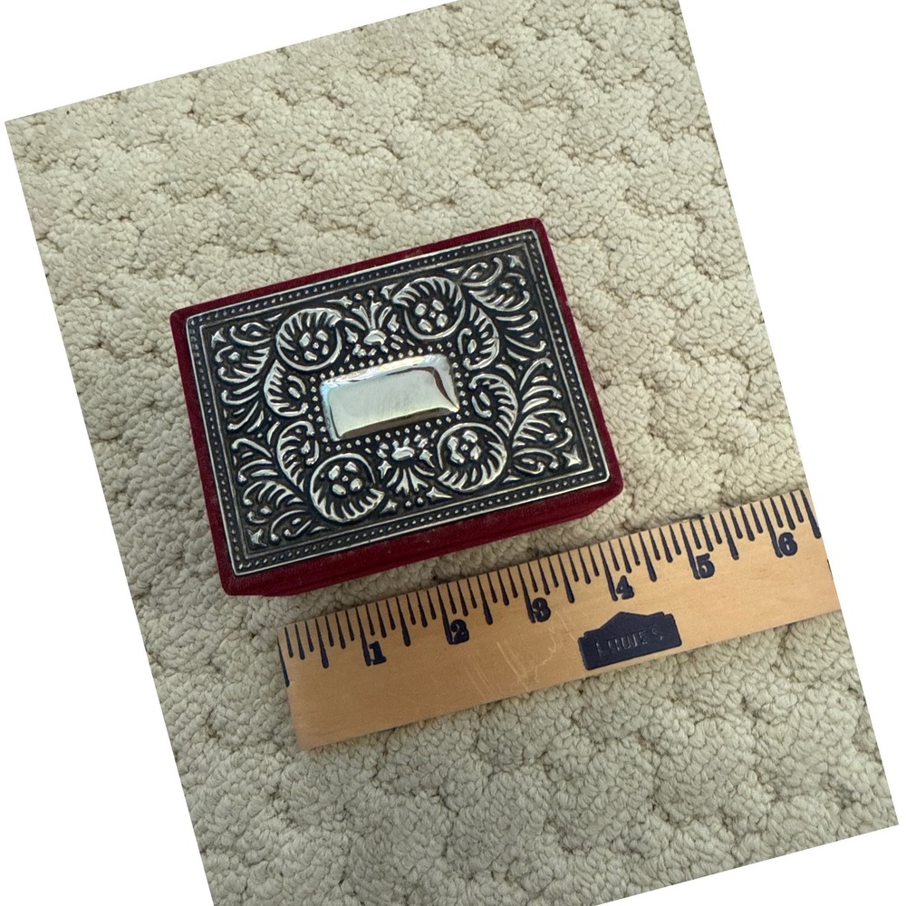 Vintage Velvet Jewelry Box Ornate Silver Tone Floral Metal Lid Keepsake Case